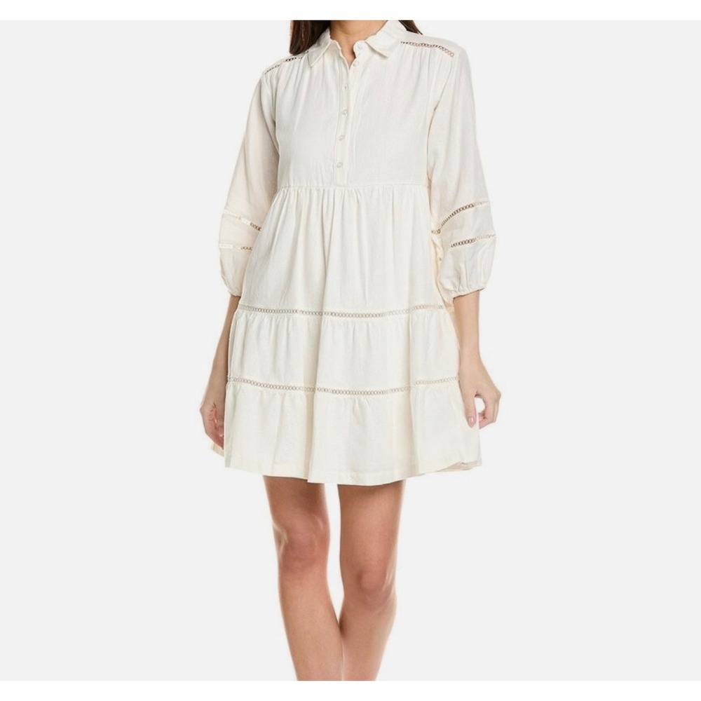 BNWT Taylor Linen Blend Ladder-Trim Collared A-Line Dress Women 10  Pullover